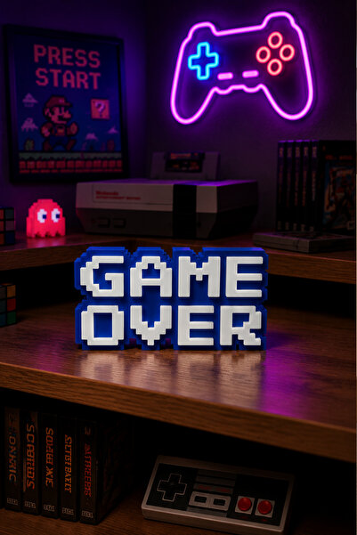 lina hobby Game Over Yazılı Mavi Dekoratif Masa Süsü, 3D Baskı Retro Gamer Bi...