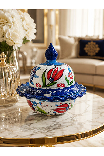 Efe Kütahya Çini El İşçiliği Kapaklı Şekerlik 14 cm x 16 cm – Dekoratif Lokum...