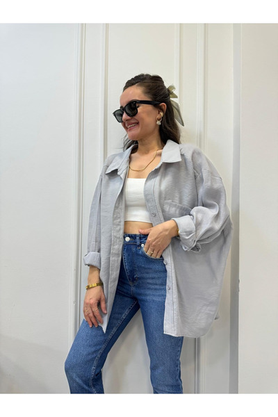 My Blog Light Gray Off-Shoulder Oversize Shirt - 4612