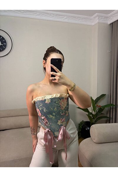ecemce butik Bağcık Detaylı Desenli Vintage Korse Büstiyer