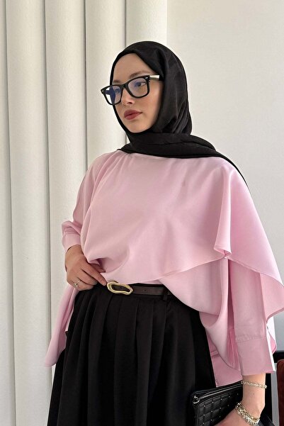 Modaensarbutik Omuz Düğmeli Şal Detaylı Asimetrik Tunik-PEMBE