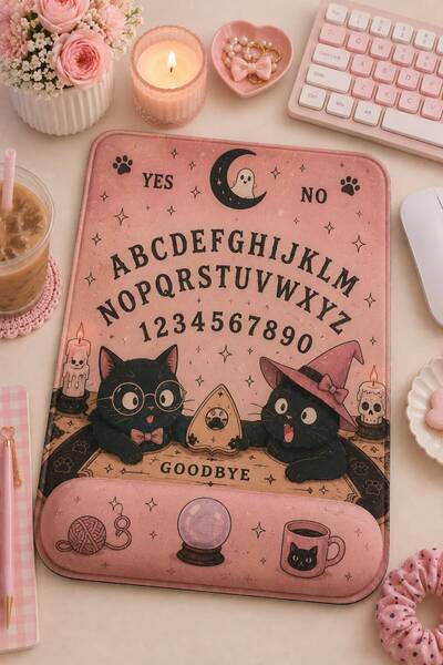 matizya Cadı Kediler Desenli Bilek Destekli Mousepad – Pembe Ouija Tahtası Te...