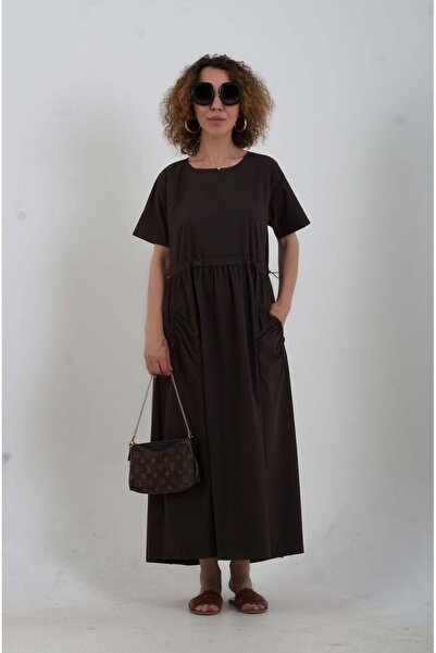 Zelish My Sister Coffee Color Gathered Waist Short Sleeve Dress