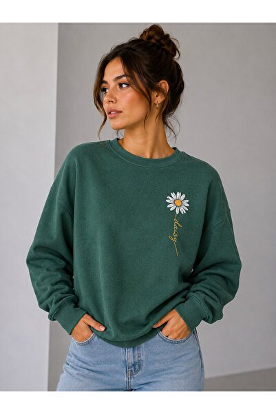 caddekombin Women's Aesthetic Vertical Floral Printed Crew Neck Sweatshirt