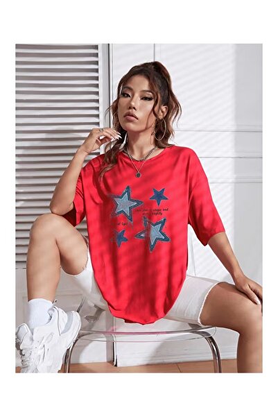 ZİYMO Women's Star Printed Oversized T-Shirt