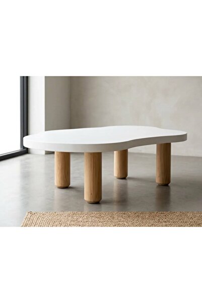 LkAhşap Modern Asimetrik Orta Sehpa 110x45 cm - 45 cm Yükseklik | 36 mm MDF Tabla | Masif Gürgen Kendi Renk Ahşap Ayak | Minimal Tasarım