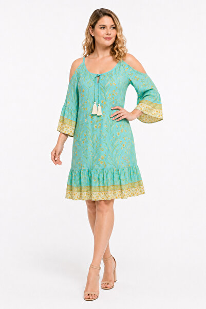 Şans Women's Plus Size Green, Rope Strap, Open Shoulder, Trubakar Sleeve, Flo...