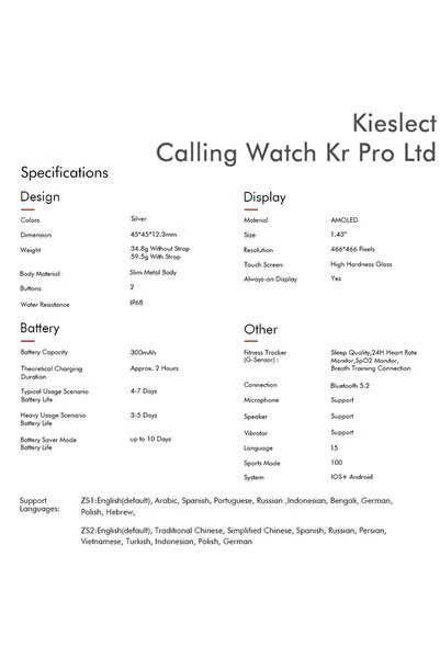 Kieslect ساعة الاتصال الذكية KR PRO LTD بشاشة AMOLED عالية الدقة مقاس 1.43 بوصة/مراقبة الصحة على مدار 24 ساعة