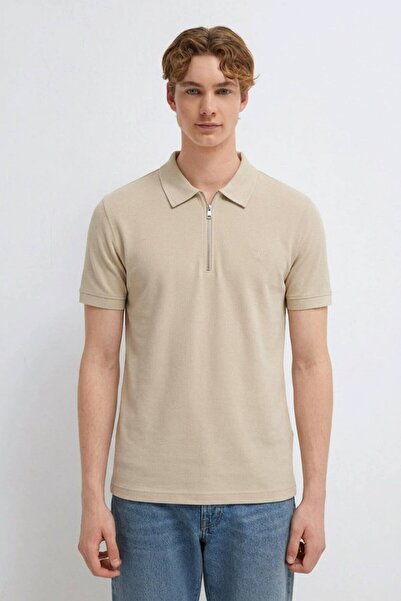 DAMGA JEANS Men's Embroidered Zippered Beige Polo Collar T-Shirt