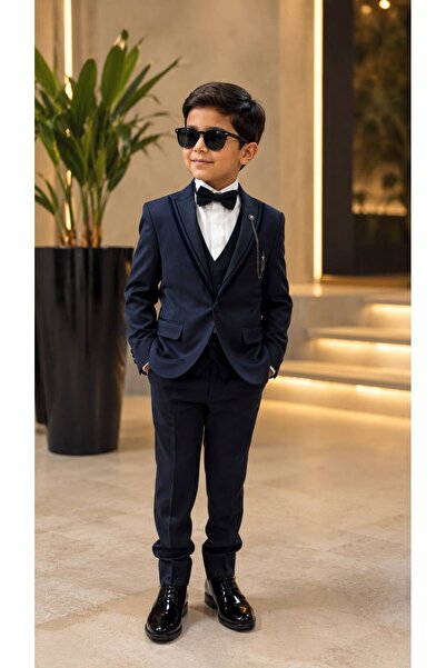 Premium Abiye Erkek Çocuk Lacivert Yelekli Şal Yaka Slim Fit Takım Elbise