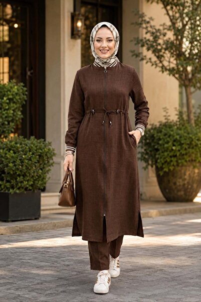 Hb Harma Time Butik Women's Ribbed Zippered Linen Tunic Pants Brown Double Set