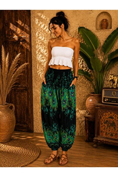 KESKİN AKSESUAR ETNİK DESENLİ ŞALVAR %100 RAYON KUMAŞ CEPLİ STANDART BEDEN (X...