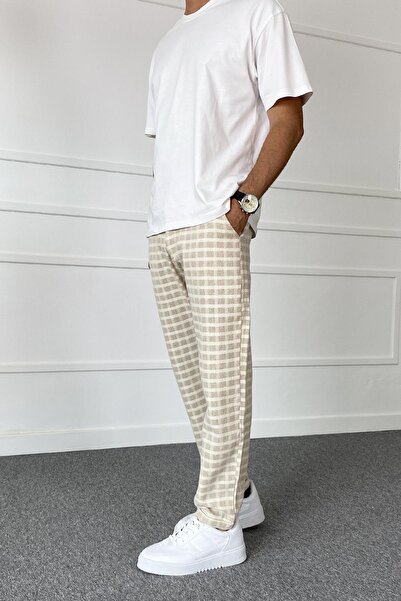 Alışveriş Sokağı Linen Woven Square Patterned Gray Trousers