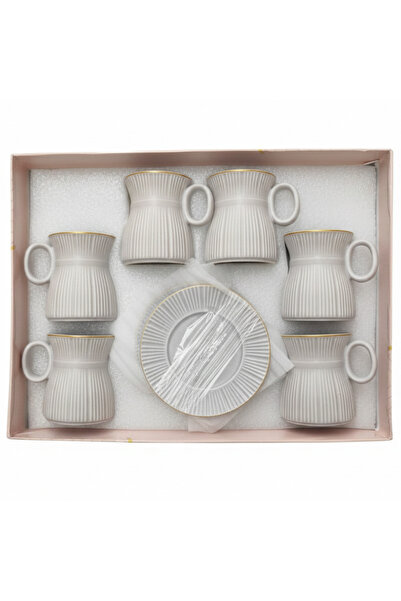 AKDC Hamid 12-Piece Ceramic Cup & Saucer Set – Light Gray with Gold Rim | 6 C...