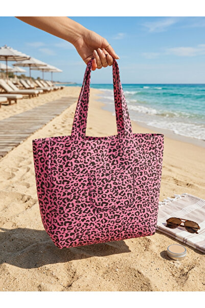 MERİCEY Pink Leopard Patterned Large Size Canvas Beach Bag Summer Women's Sho...