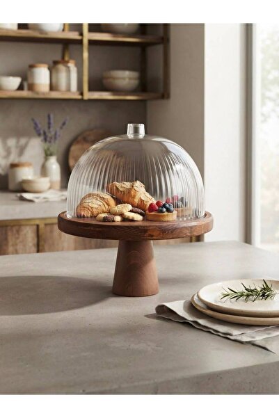 Rabo Craft Round Wooden Stand with Feet, Cake Pan and Presentation Tray, Natu...