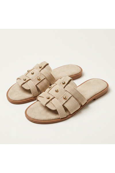 TopukTrend Women's Slippers Suede Gold Studded Detailed Cross-Strapped Women'...