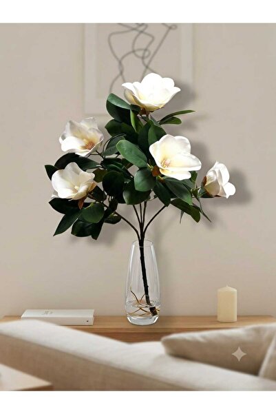 MAKİ DEKOR Yapay Manolya 5 Li Demet Islak Dokulu 65 Cm Boyunda Dekoratif Vazo...