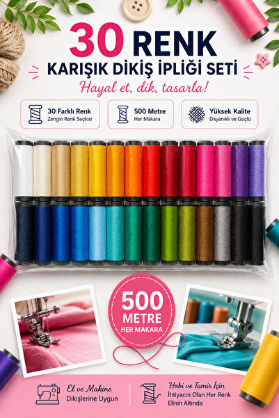 RuzgarHome 30'lu Karışık Renk Dikiş İpliği Seti | Her Biri 500 Metre | El ve ...