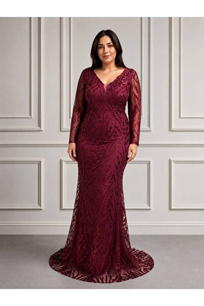 NOVERA DRESS Novera Bordo Pul Payet İşlemeli Büyük Beden Uzun Abiye Elbise