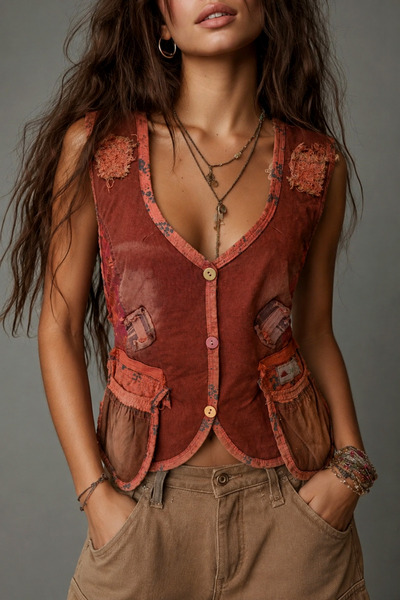 Boutique Juji BOHEM STİL PATCHWORK DETAYLI DEKOLTE YELEK
