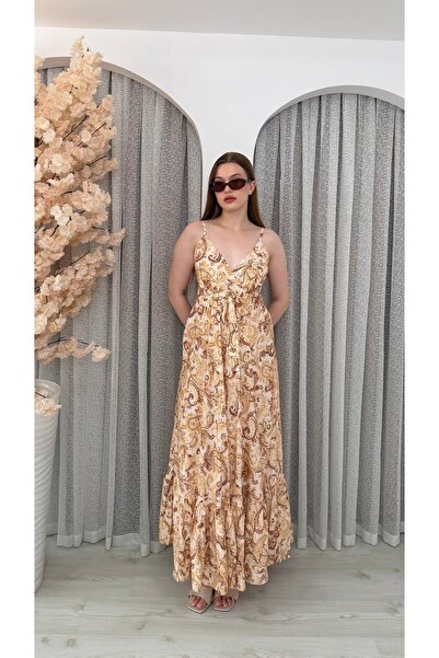 S&A Collectionn Women's Thin Straps Shawl Pattern Long Dress with Elastic Back