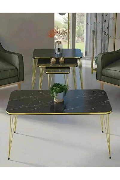 TreeAndTech Alesta Orta Sehpa ve Zigon Sehpa Seti - Altın Rengi Metal Ayak- Ü...