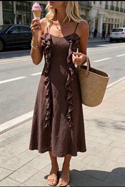 missamour Women's Front Ruffle Flounce Thin Strap Summer Midi Dress