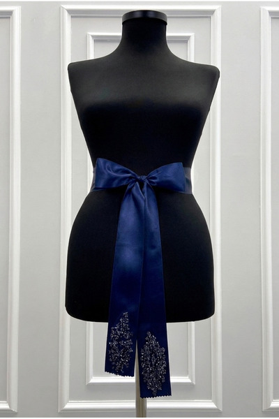 ZEYMERADE Navy Blue Bridal Sash, Crystal Glass Beads Embellished Bridal Ribbo...