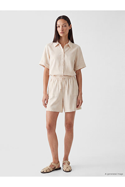LC Waikiki Nevavm Women's Linen Look Shorts with Elastic Waist and Contrast