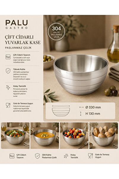 PALU GASTRO Premium Double-Walled Stainless Steel Round Bowl – Heat-Insulated...