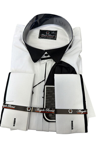 OEM Camisă bărbătească, Angelo Roma, alb cu dungi negre, bumbac-poliester, mă...