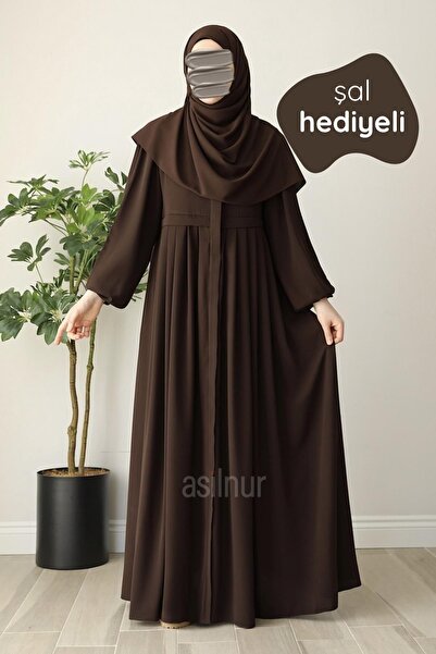 ASİLNUR Meva Pleated Ferace Shawl Gift Set Brown