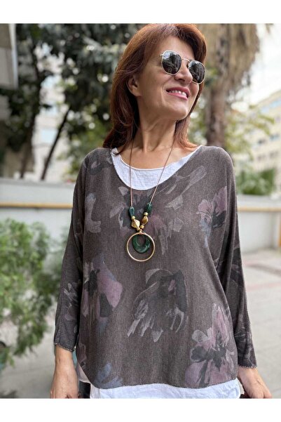 DenizEge Ιταλική μπλούζα με φλοράλ σχέδια σε καφέ απόχρωση