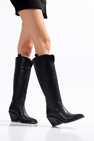 DENORA Black Matte Leather Metal Toe Flat Above-Knee Western Cowboy Boots
