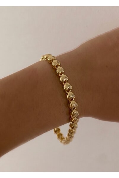 KİLİGİSTANBUL 14K ALTIN GÖRÜNÜMLÜ PREMİUM TAŞLI KALP BİLEKLİK 16+3 CM