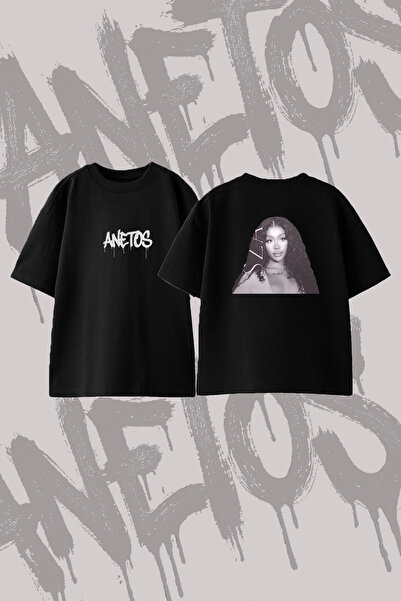 Anetos Sza_2 Design Printed Oversize Crew Neck T-Shirt Black