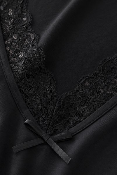 ESLEMCE Bamboo Viscose Fabric V Lace Collar Detailed Flared Dress
