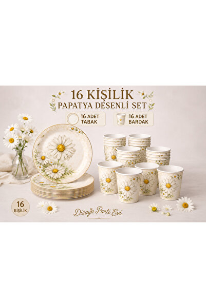 Dizayn Parti Evi Papatya Desenli Karton Tabak Bardak Seti 16 Kişilik / 24 Kiş...