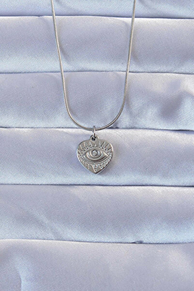 ARMÜZ 316L Silver Color Zircon Stone Embroidered Eye Detail Heart Necklace
