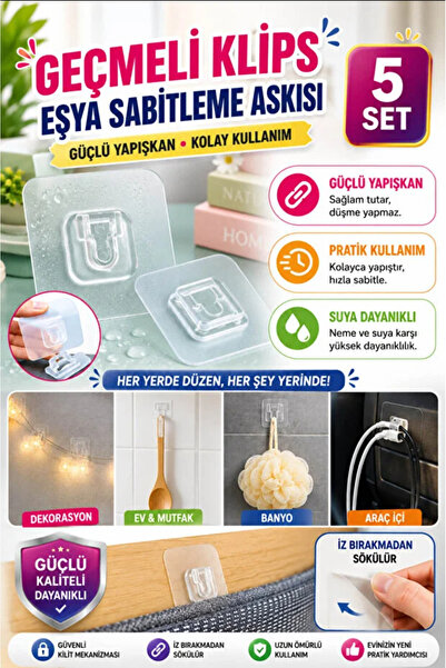 AYGÖREN HOME Geçmeli Klips Eşya Sabitleme Askısı 5 Set Şeffaf Yapışkanlı Duva...