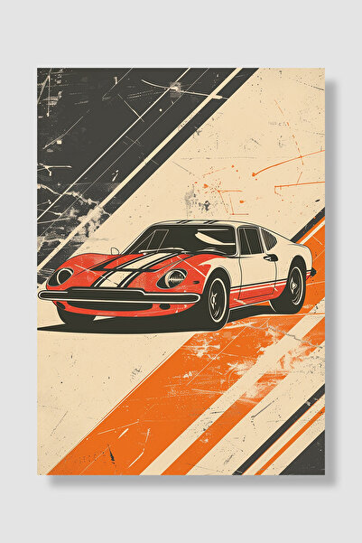 Luna Marissa Araba Poster Turuncu Şeritli Retro Spor Araba Eskitme Duvar Deko...
