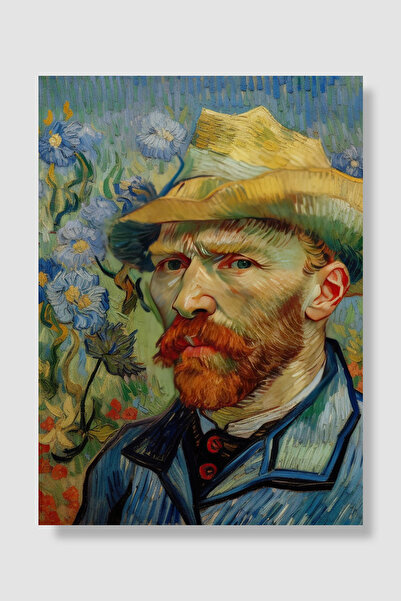 Luna Marissa Poster Van Gogh Portret cu pălărie de paie Fundal cu flori albas...