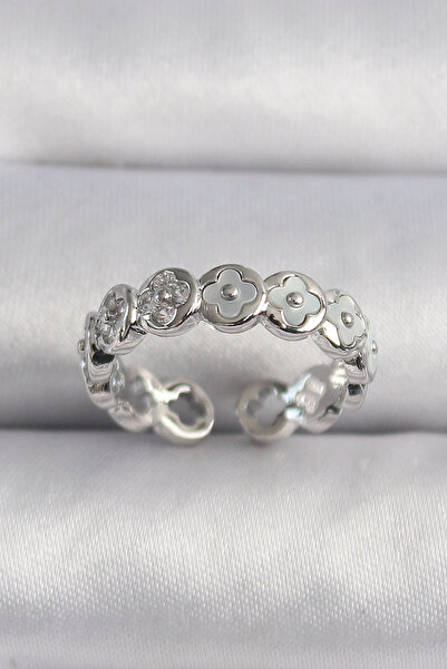 ARMÜZ Brass Silver Color White Pearlescent Clover Model Women's Ring