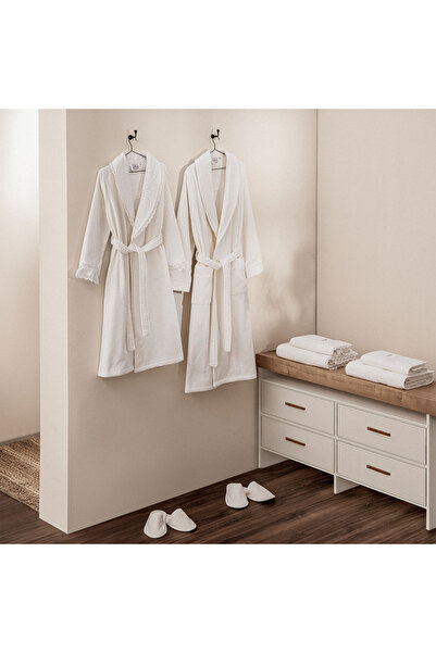Ecocotton Paye Krem-Krem %100 Organik Pamuk "M-L" 10 Parça Aile Bornoz Seti