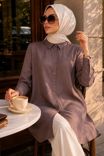 N.S NEVA STYLE Önü Düğmeli Vizon Çilek Kumaş Tesettür Tunik 11025V