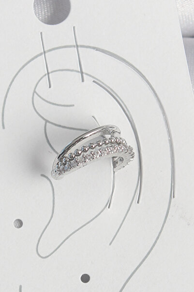 ARMÜZ Brass Silver Color Zircon Stone 3 Row Women's Cartilage Earrings