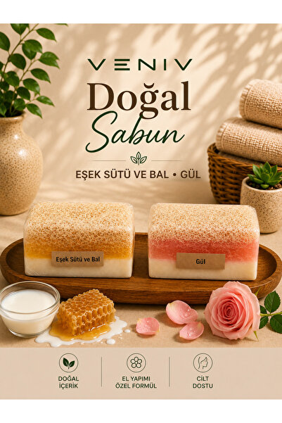 VENİV Donkey Milk, Honey & Rose Extract Natural Fiber Soap Set - Handmade Spe...