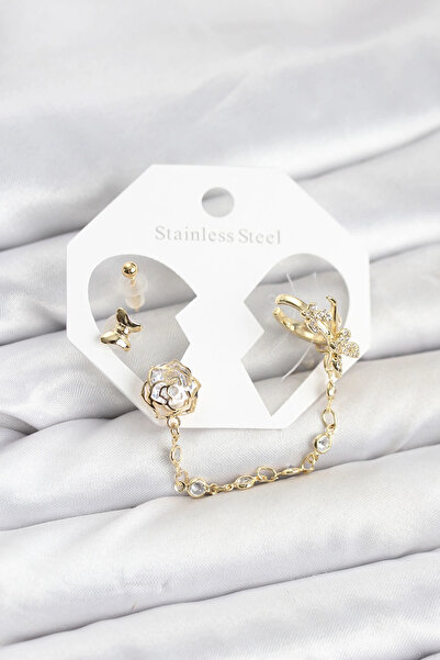 ARMÜZ Brass Gold Color Butterfly Model Chain Linked Ear Cuff Earring Set