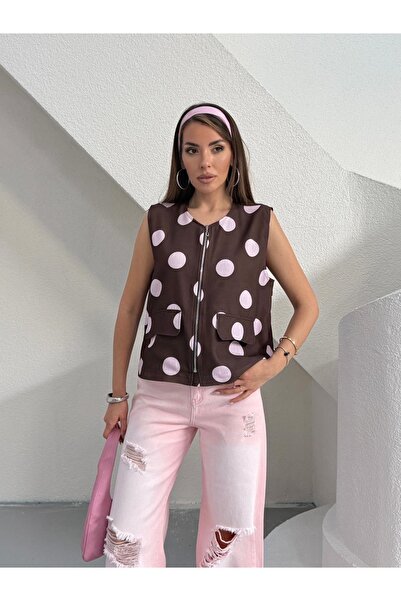 LB Laluna Butik Ženski laneni prsluk sa patentnim zatvaračem i točkastim uzorkom